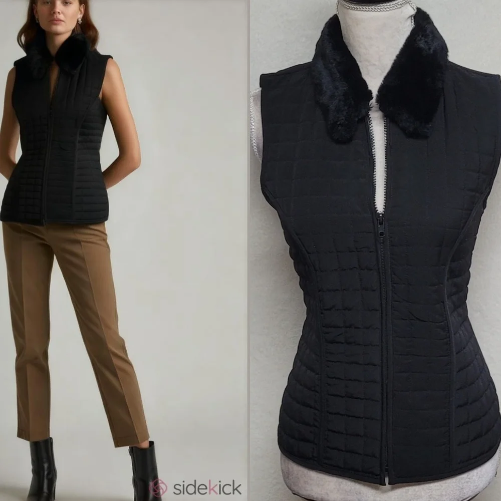 AGB Byer California Retro Y2K Black Faux Fur Collar Full-zip Quilted Vest.Add - Picture 1 of 12